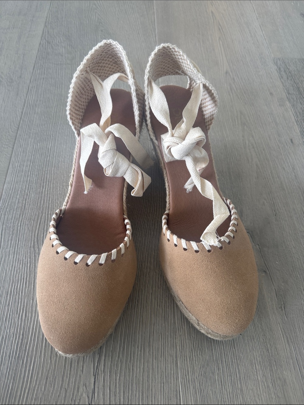 Tan Espadrille Wedge Sandals with Cream Ankle Ties